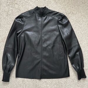 Black Faux Leather Top with Ruffled Collar